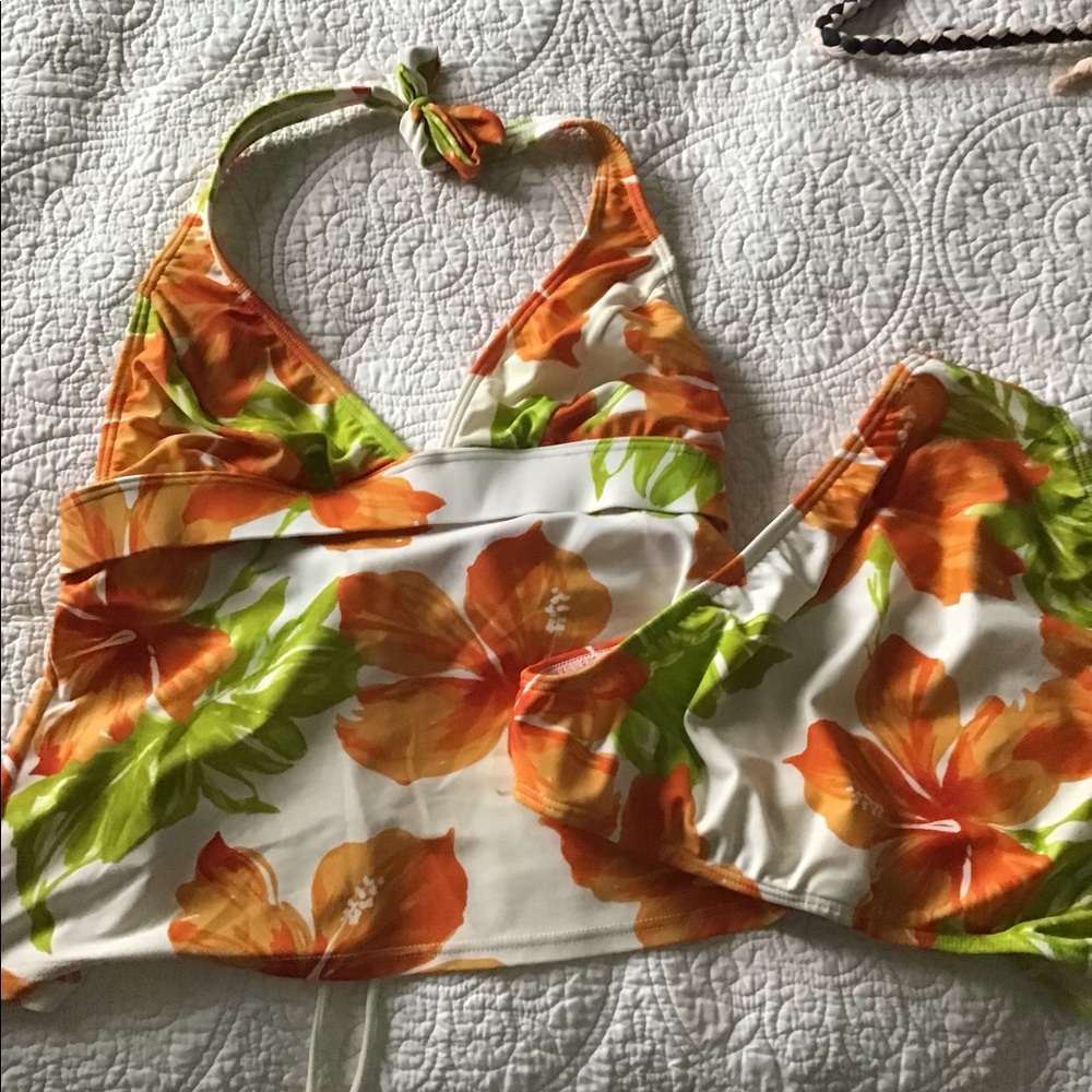 Orange print tankini and bikini bottom